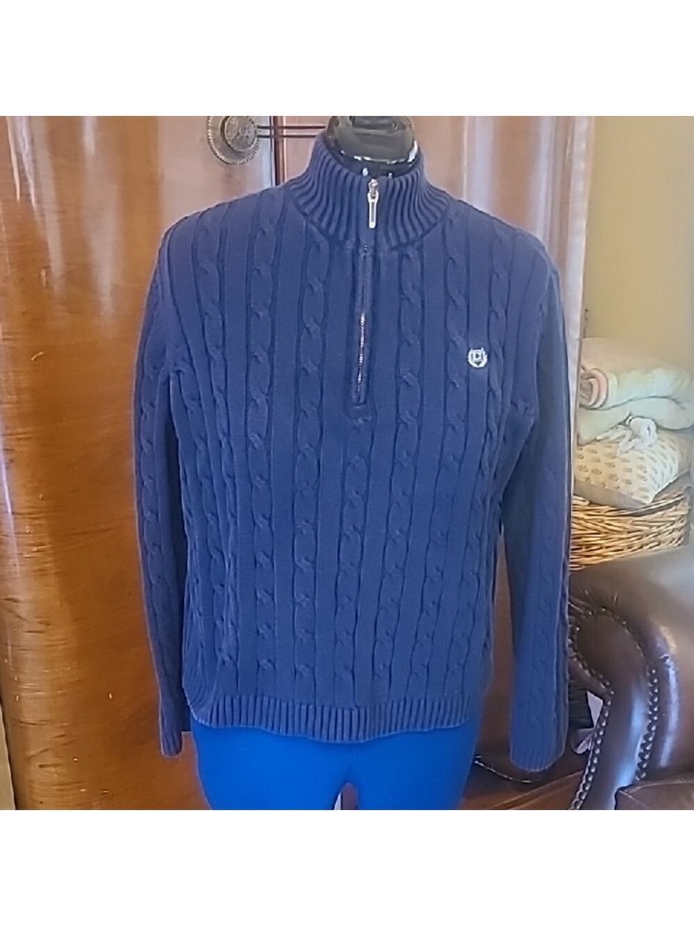 Chaps Cable Knit Sweater.sz.L.dark Blue/white Chaps Emblem. Unisex. (#1573)
